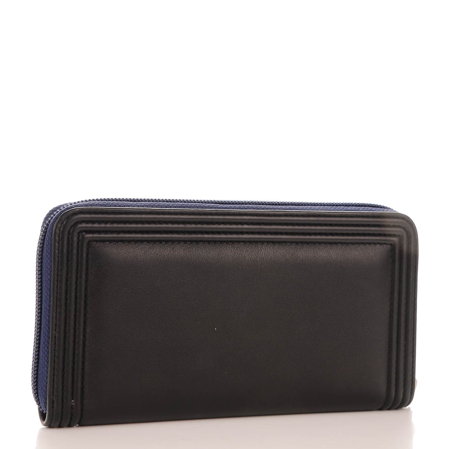Calfskin Large Bi-Color Zip Around Boy Wallet Black Navy