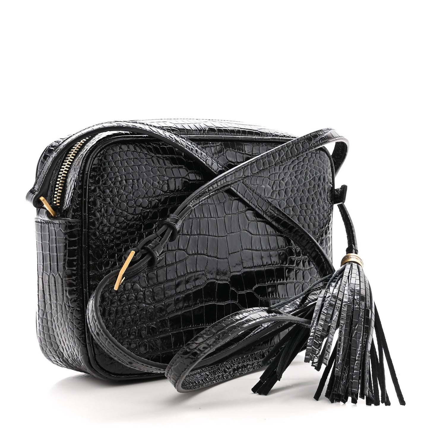 Patent Calfskin Crocodile Embossed Monogram Lou Camera Bag Black