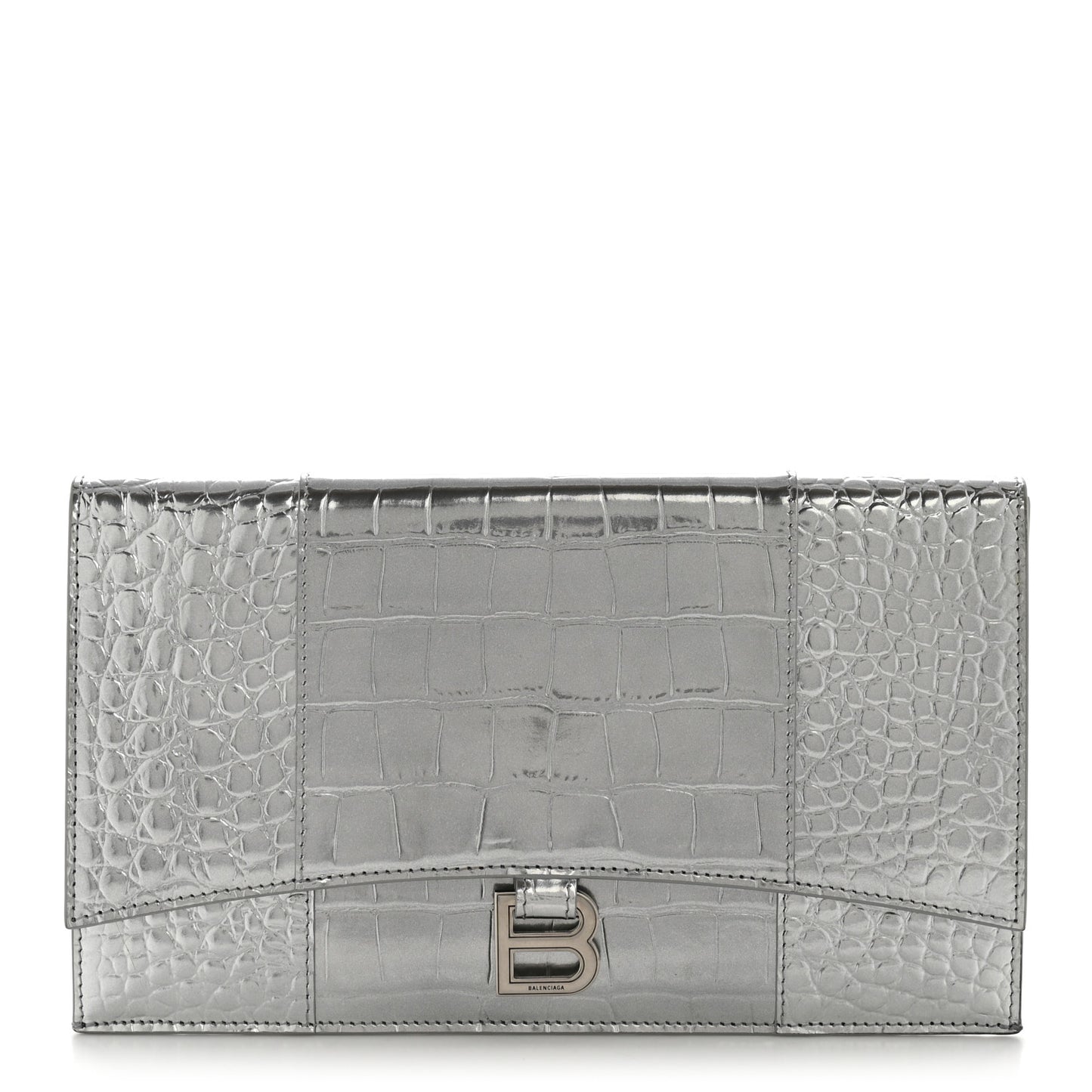 Metallic Calfskin Crocodile Embossed Hourglass Flap Flat Pouch Silver