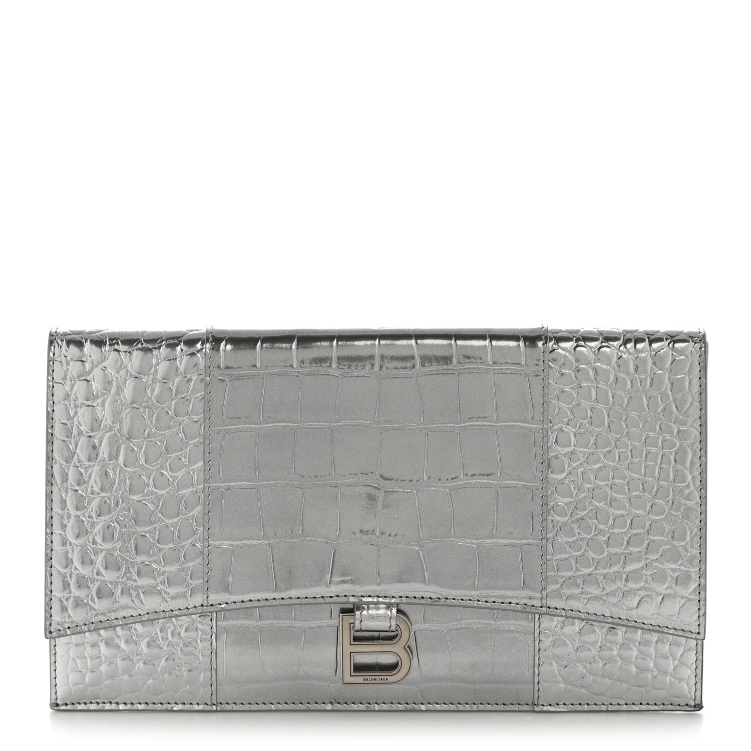 Balenciaga Metallic Calfskin Crocodile Embossed Hourglass Flap Flat Pouch Silver 1 of 15