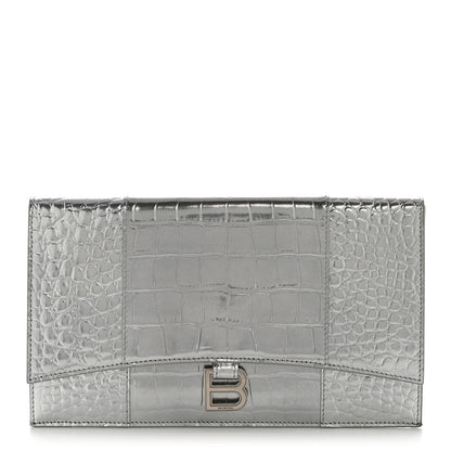 Balenciaga Metallic Calfskin Crocodile Embossed Hourglass Flap Flat Pouch Silver 1 of 15
