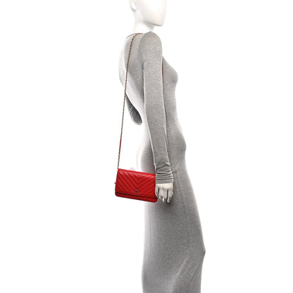 Chanel Caviar Chevron Quilted Wallet On Chain WOC Red 2 of 11
