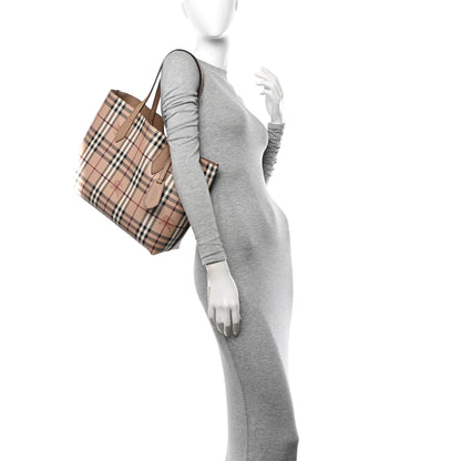 Burberry Grainy Calfskin Haymarket Check Medium Reversible Tote Camel 2 of 17