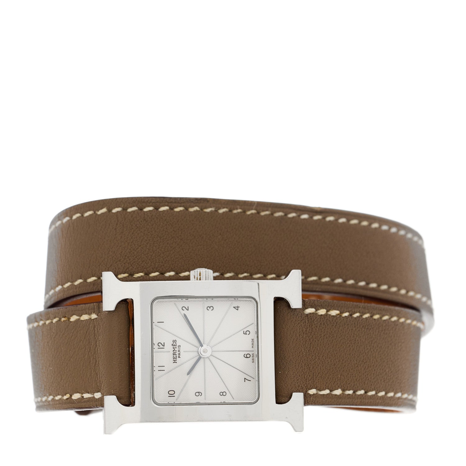 Hermes Stainless Steel Swift 21mm Heure H Hour Double Tour Quartz Watch Etoupe 2 of 5