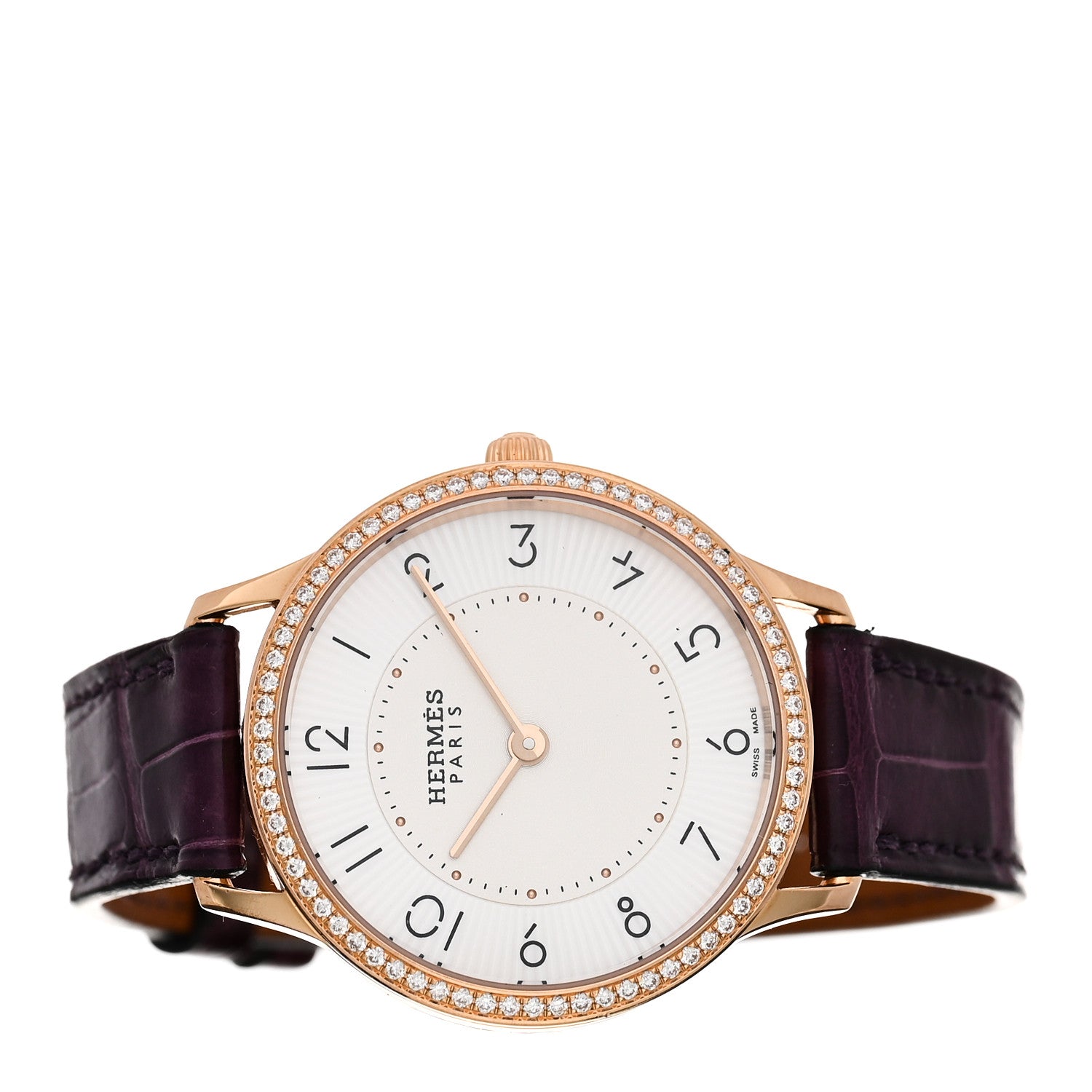 Hermes 18K Rose Gold Alligator Diamond 32mm Slim d'Hermes Quartz Watch Amethyste 2 of 4