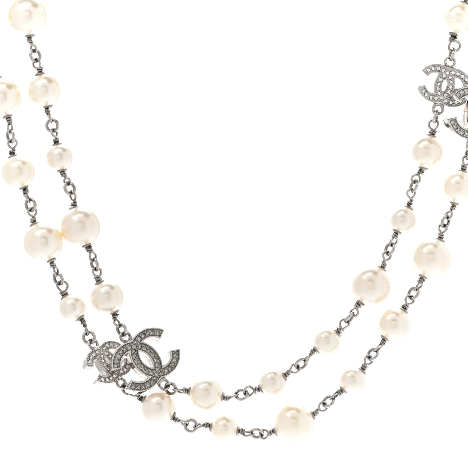 Chanel Crystal Pearl CC Long Necklace Silver 1 of 7