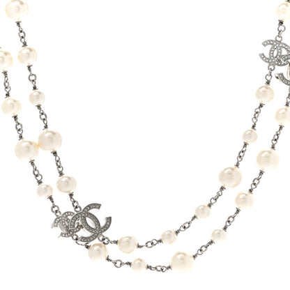 Chanel Crystal Pearl CC Long Necklace Silver 1 of 7