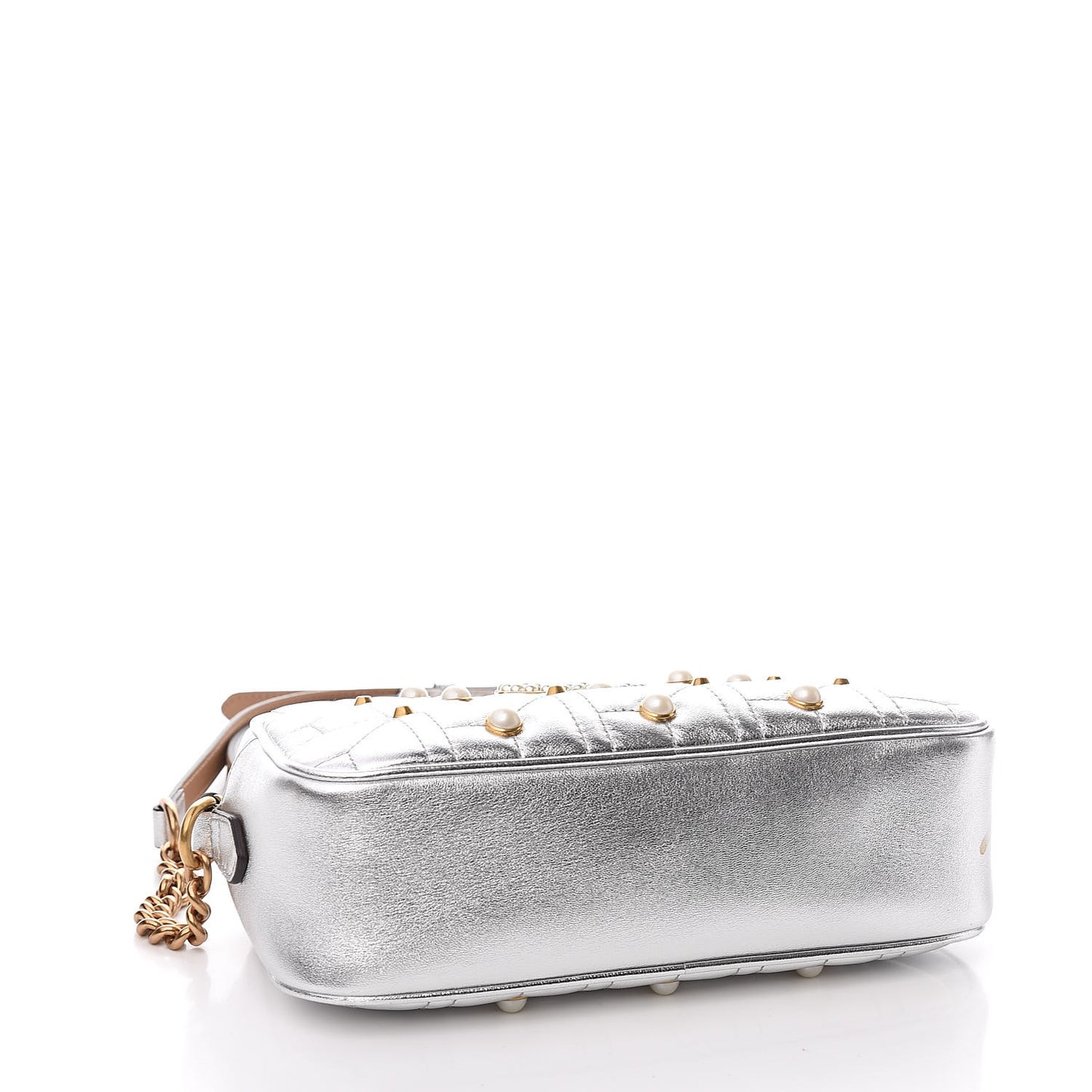 Metallic Calfskin Matelasse Studded Small Pearly GG Marmont Chain Shoulder Bag Silver