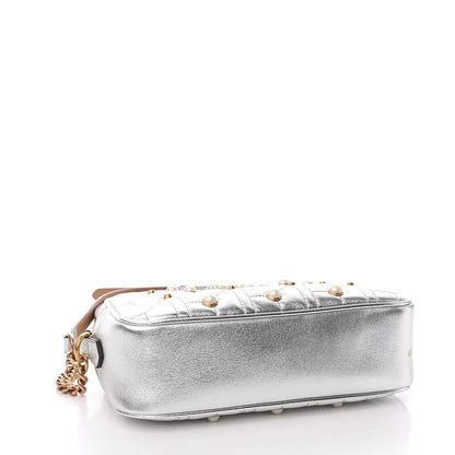Gucci Metallic Calfskin Matelasse Studded Small Pearly GG Marmont Chain Shoulder Bag Silver 4 of 11