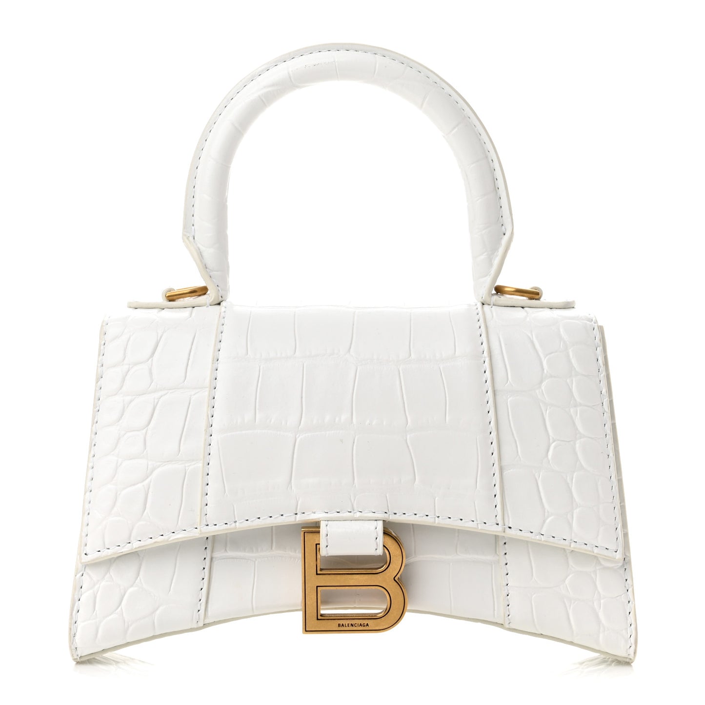 Shiny Calfskin Crocodile Embossed Hourglass Top Handle Bag XS Optic White