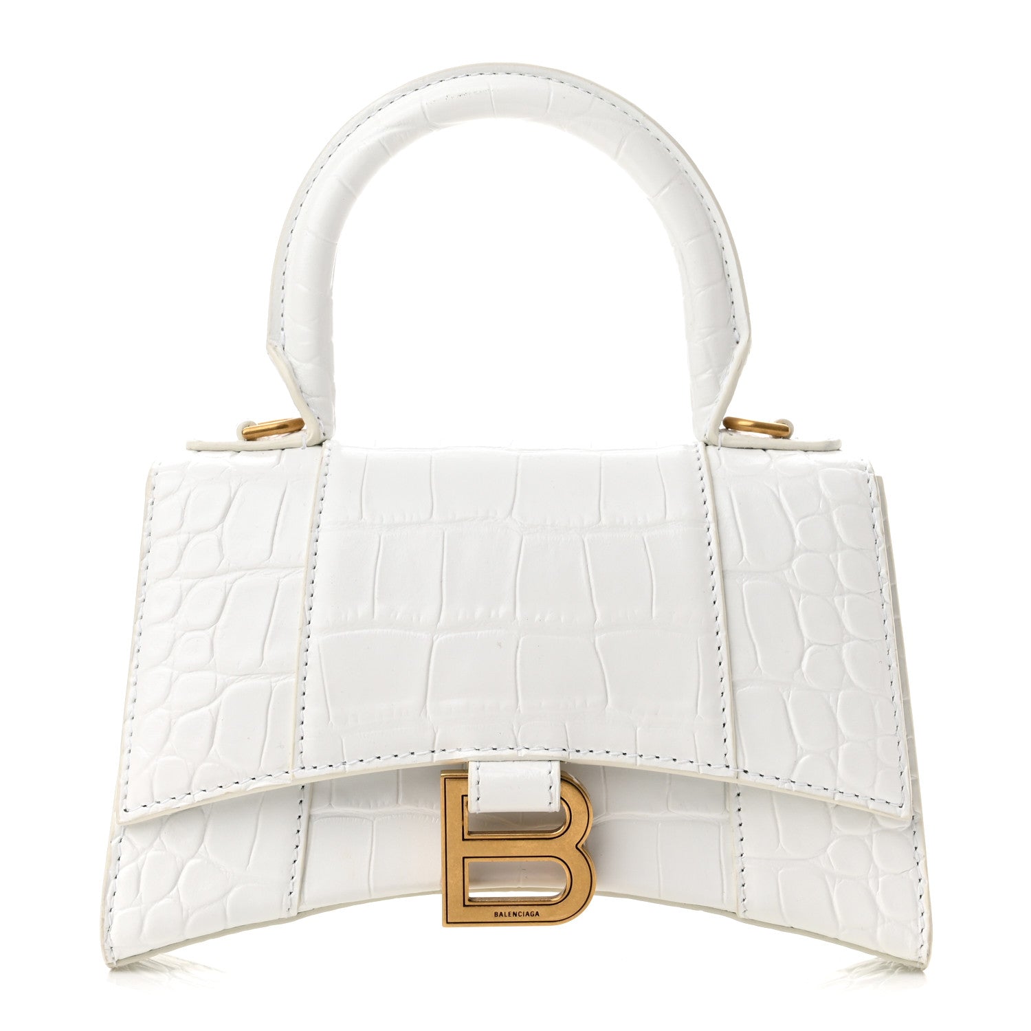 Balenciaga Shiny Calfskin Crocodile Embossed Hourglass Top Handle Bag XS Optic White 1 of 11