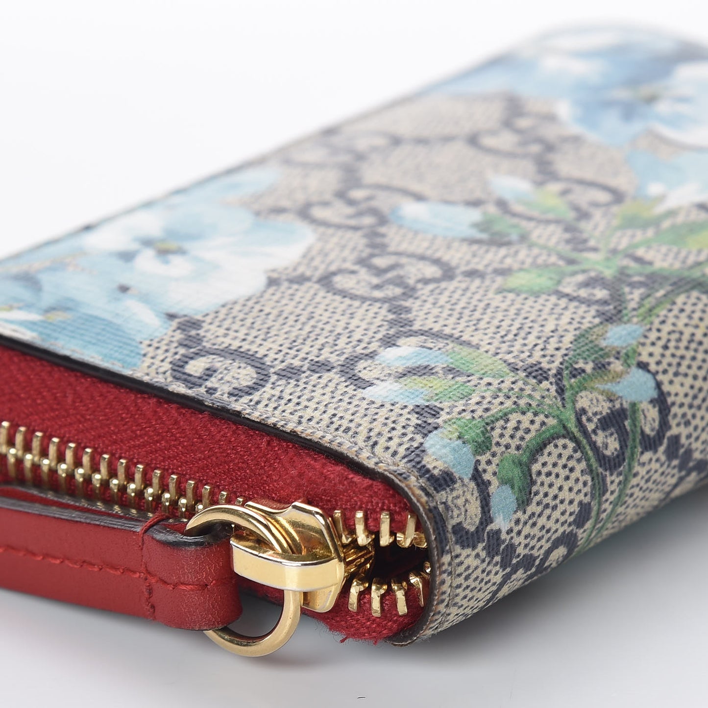 GG Supreme Monogram Blooms Zip Around Card Case Wallet Beige Blue Navy Hibiscus Red