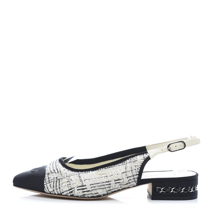 Chanel Tweed Cap Toe CC Slingback Flat 38 White Black 1 of 10