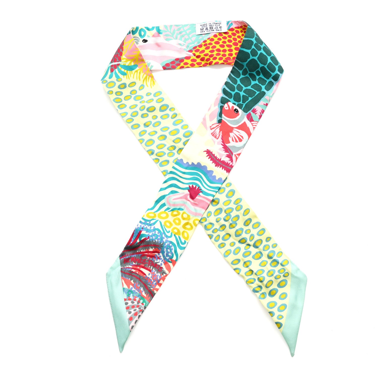 Hermes Silk Under The Waves Twilly Vert D Eau Jaune Soufre Rose 1 of 4