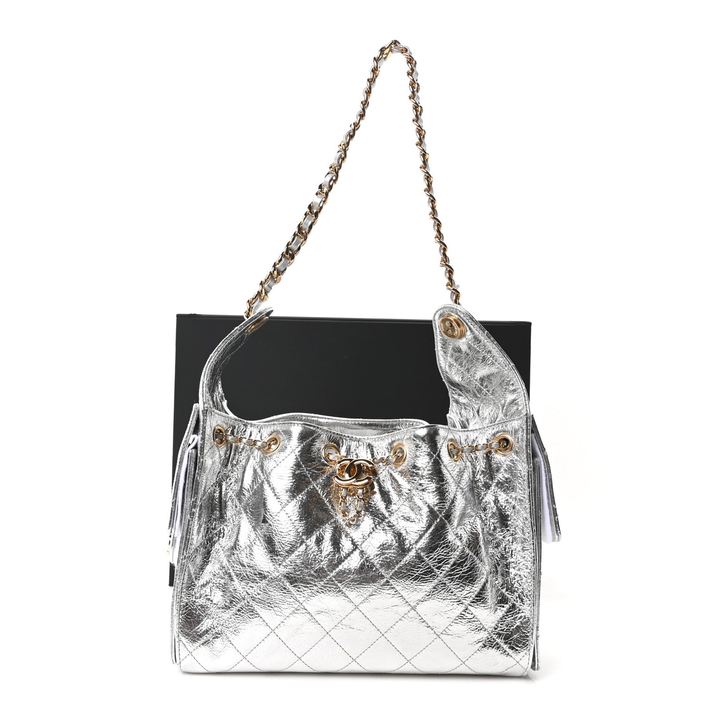 Metallic Aged Calfskin Quilted Small Chanel 25 Handbag Silver