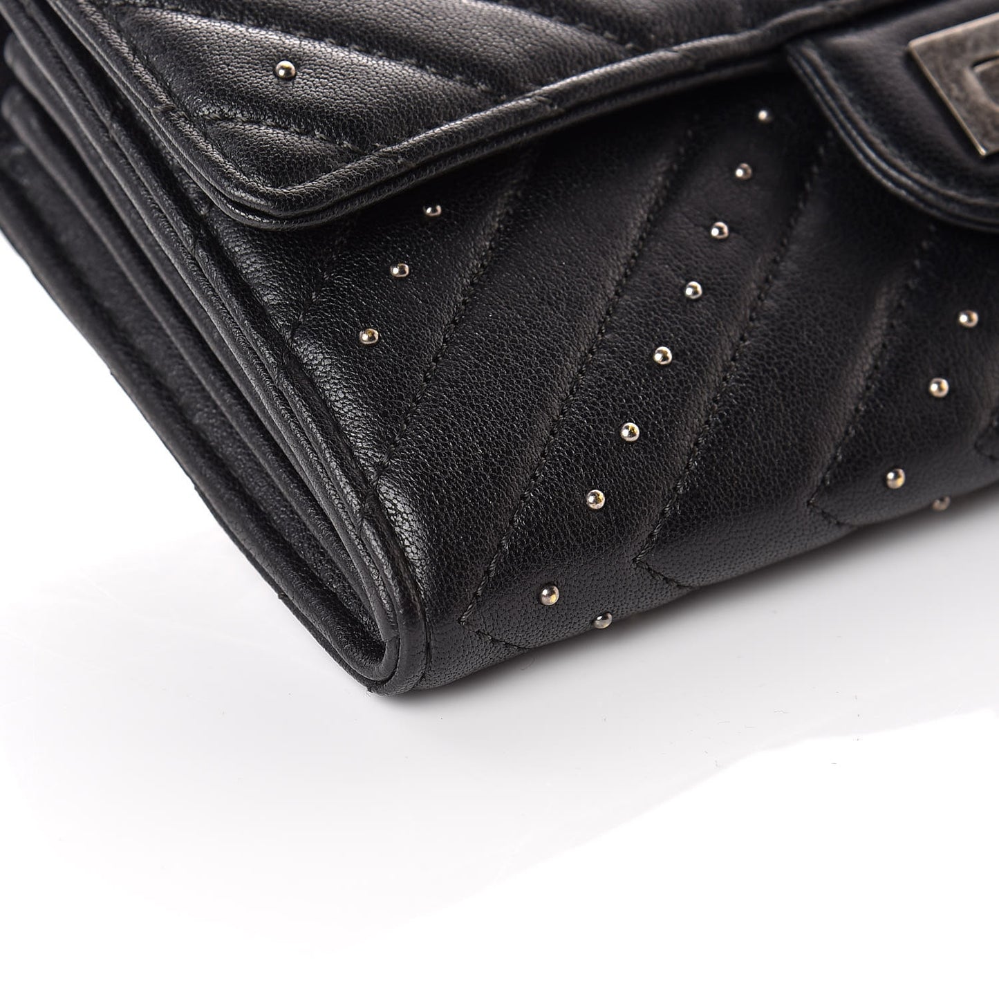Sheepskin Chevron Quilted Studded Reissue Flap Wallet Black
