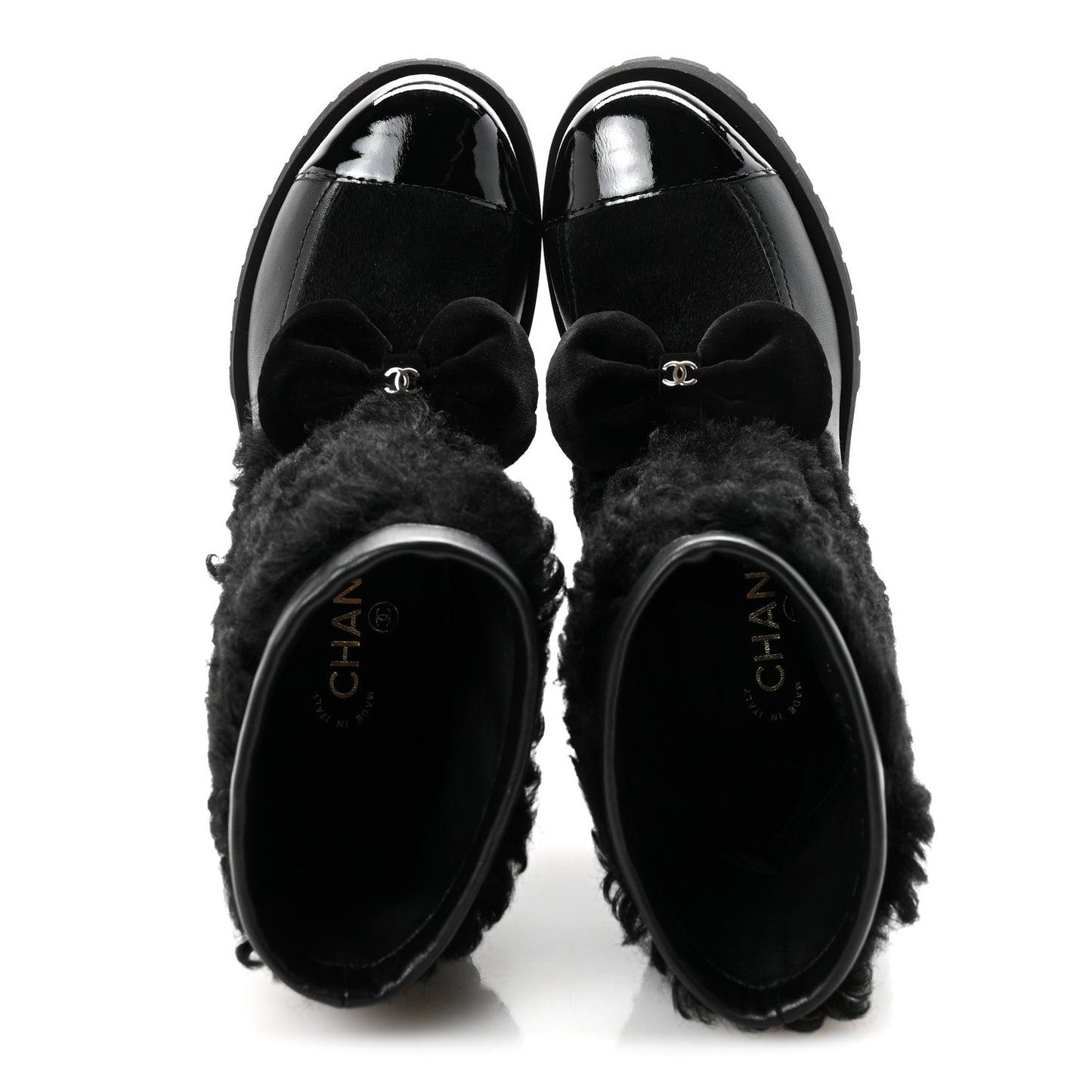 Shearling Lambskin Calfskin Patent Bow Short Boots 36 Black