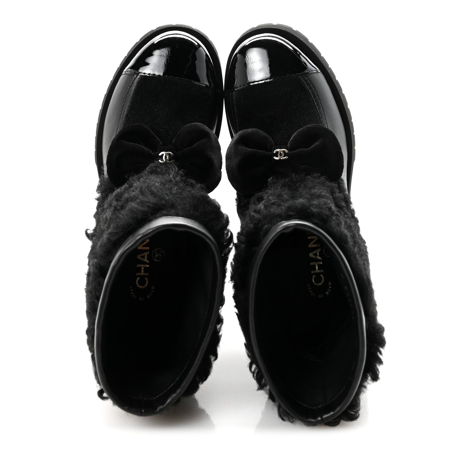 Chanel Shearling Lambskin Calfskin Patent Bow Short Boots 36 Black 2 of 10