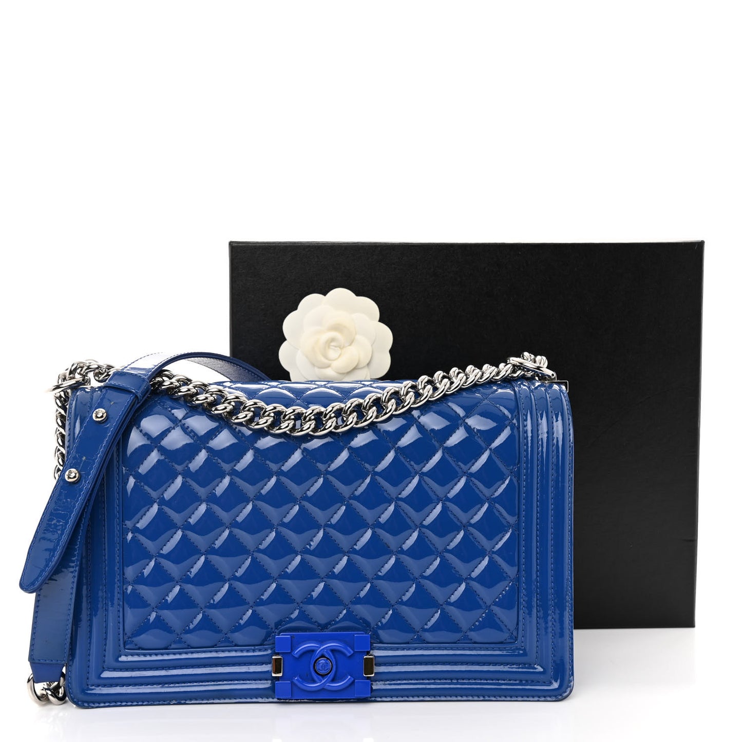 Patent Calfskin Quilted New Medium Plexiglass Boy Flap Blue