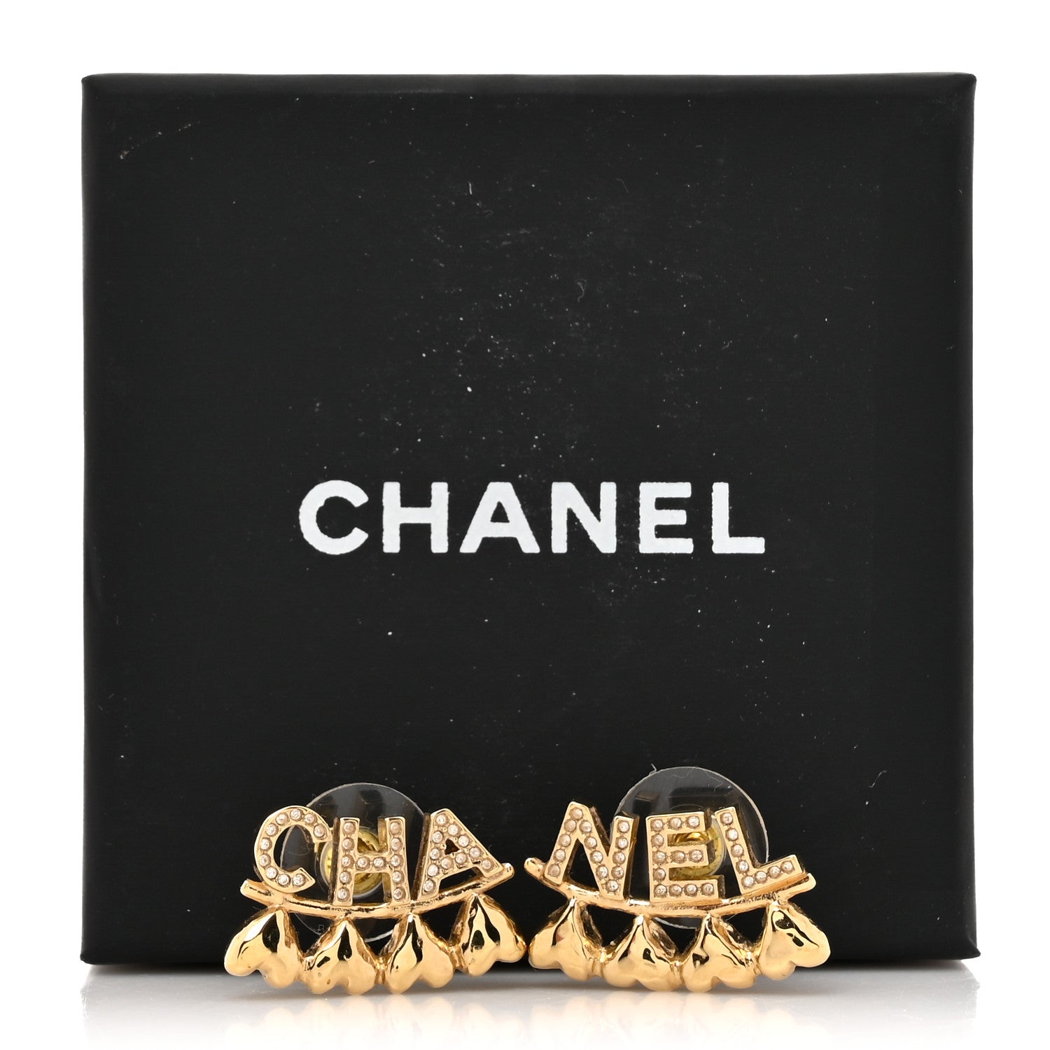 Chanel Crystal Heart Cha-Nel Logo Earrings Gold 6 of 6