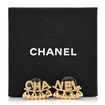 Chanel Crystal Heart Cha-Nel Logo Earrings Gold 6 of 6