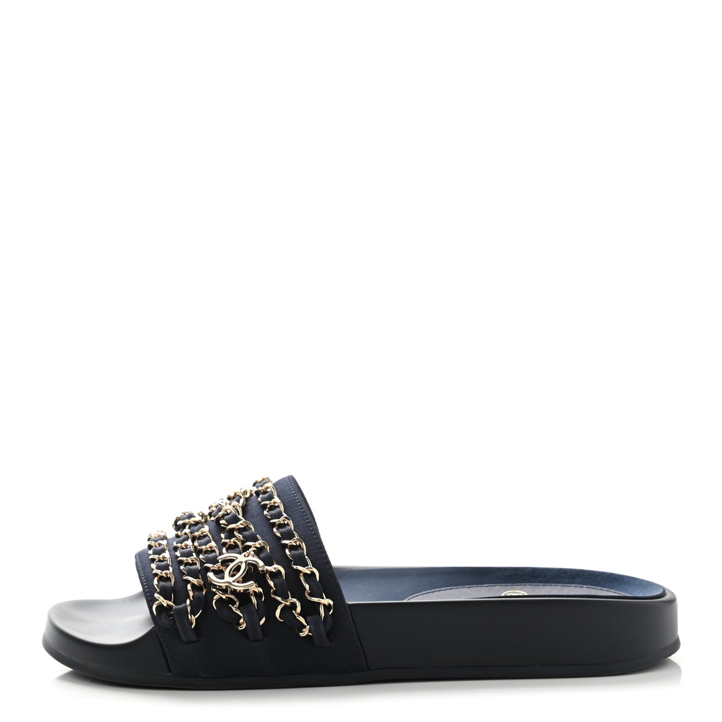 Satin Canvas Chain Slides Sandals Flats 35 Marine