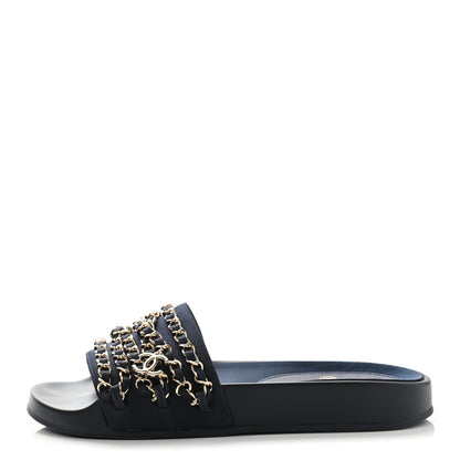 Chanel Satin Canvas Chain Slides Sandals Flats 35 Marine 1 of 9