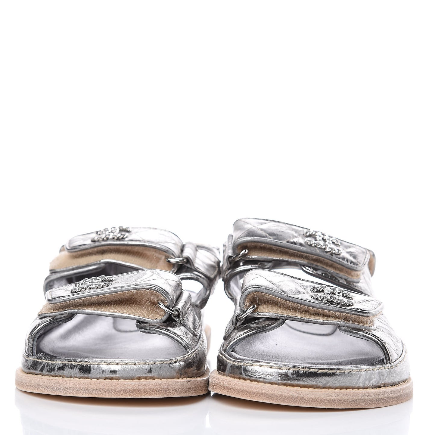 Metallic Crumpled Calfskin Chain CC Flat Sandals 36 Silver