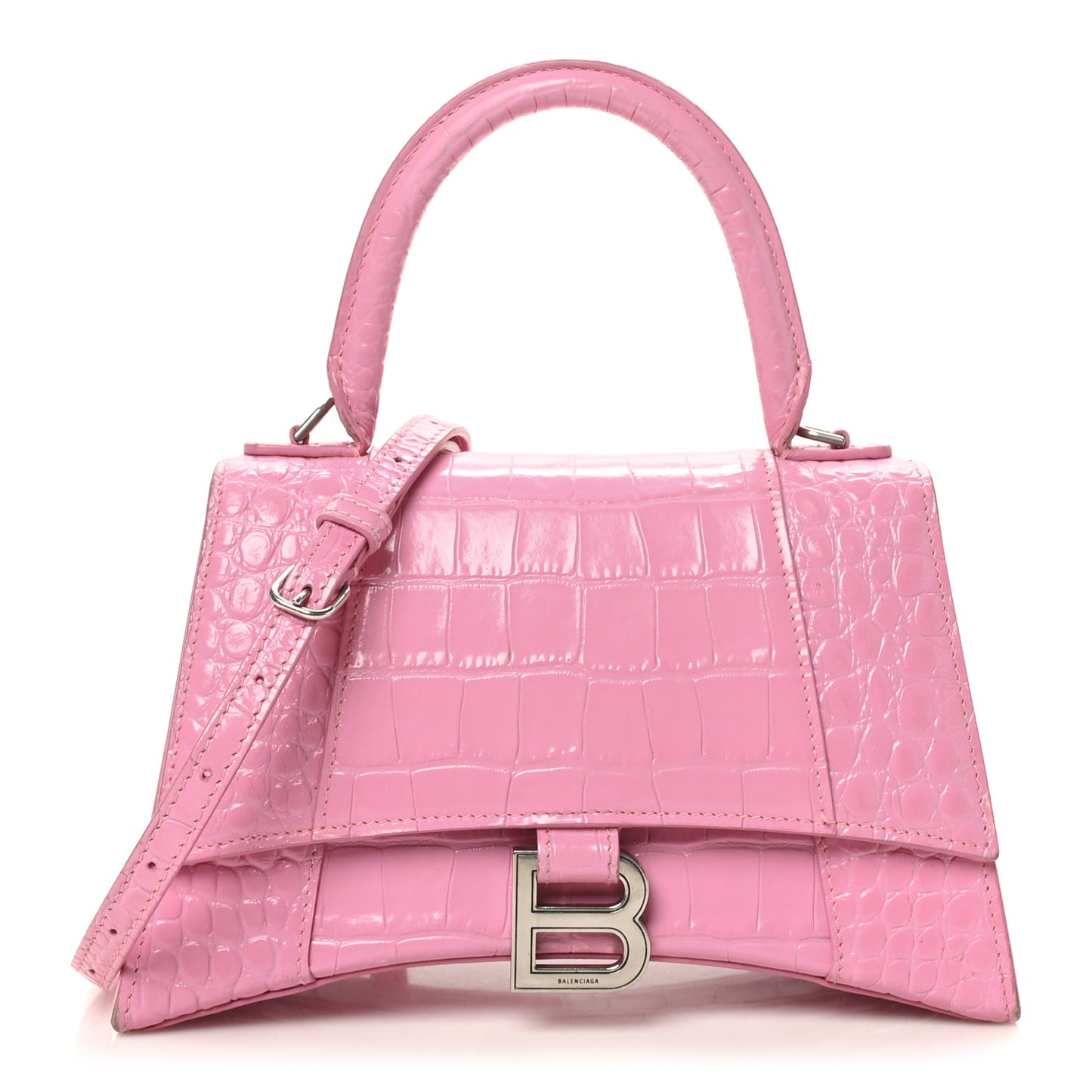 Shiny Calfskin Crocodile Embossed Small Hourglass Top Handle Bag Candy Pink