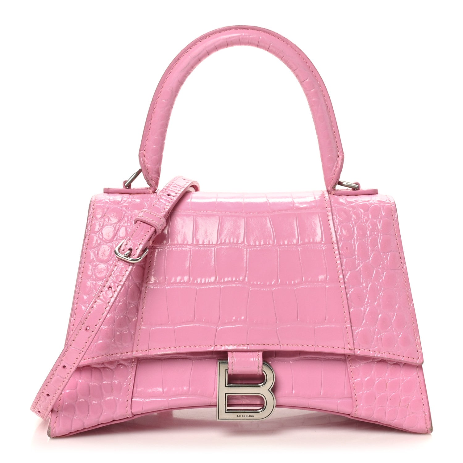 Balenciaga Shiny Calfskin Crocodile Embossed Small Hourglass Top Handle Bag Candy Pink 1 of 11