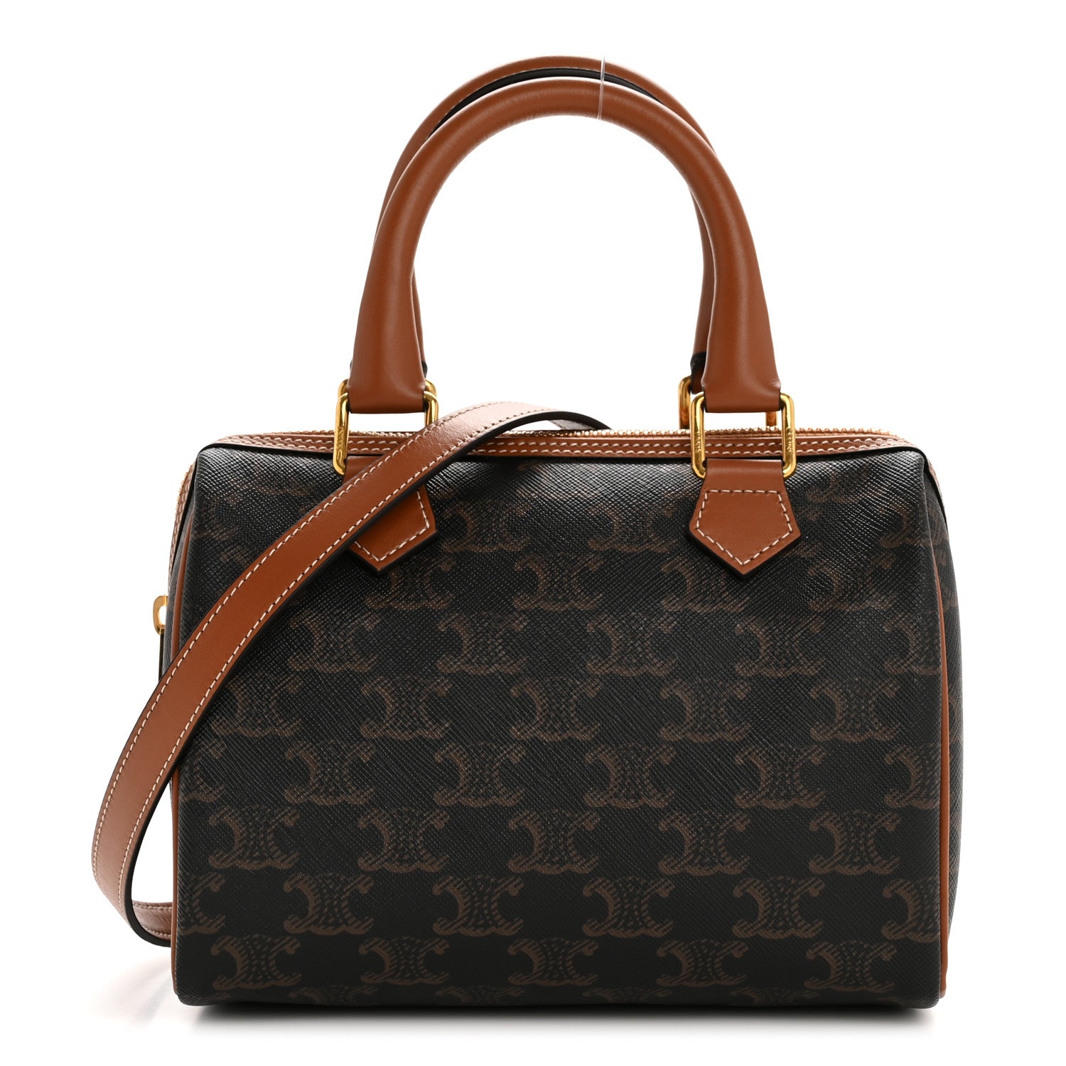 Celine Triomphe Canvas Calfskin Small Boston Bag Tan 1 of 13