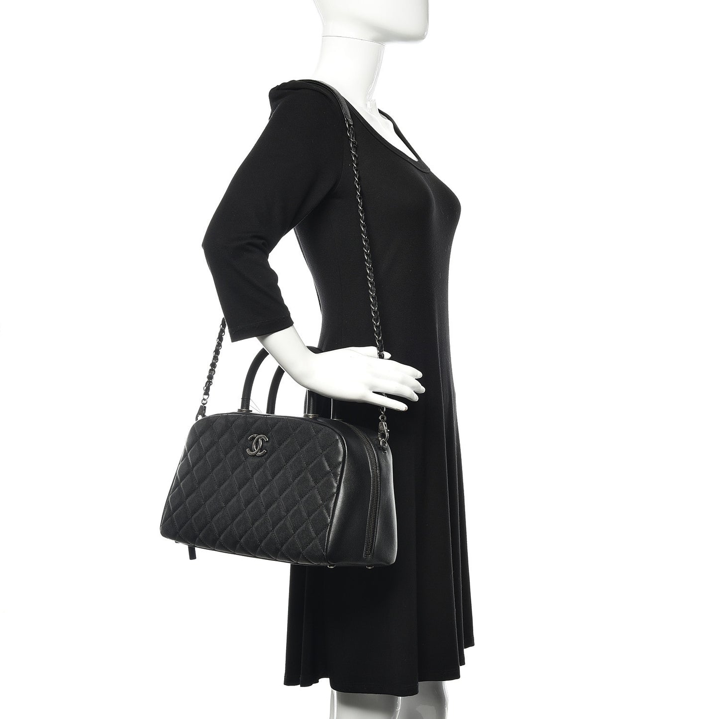 Caviar Quilted Large Coco Handle Bowling Bag Black