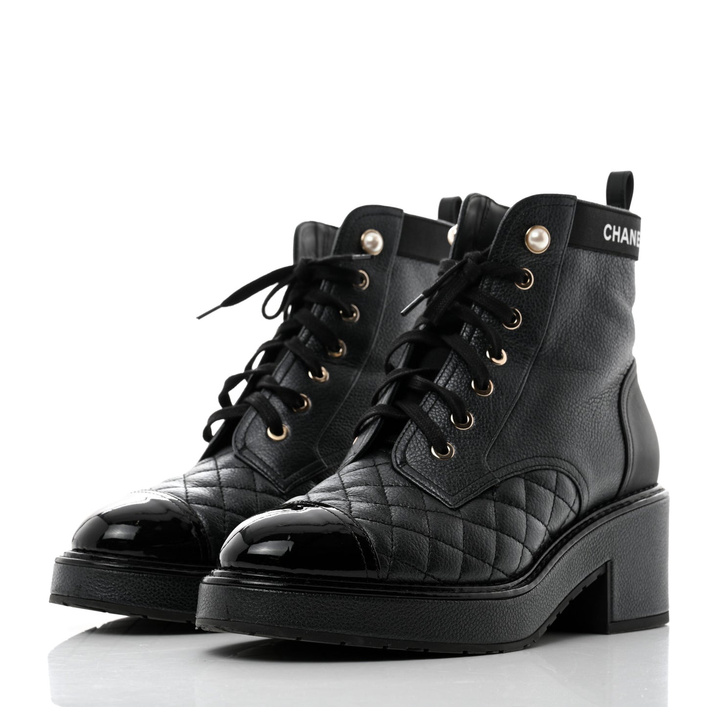 Pearly Calfskin Patent Calfskin Lace Up Combat Boots 38 Black