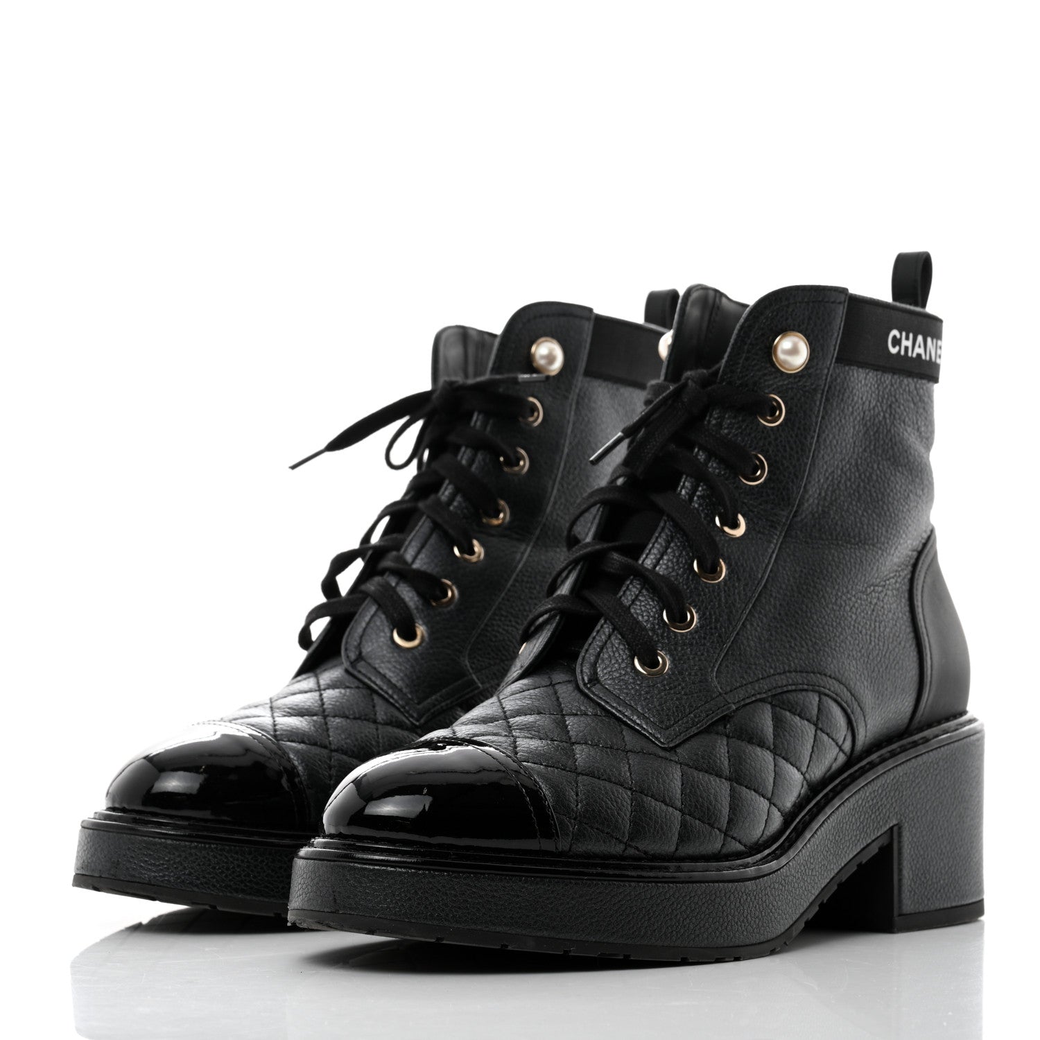 Chanel Pearly Calfskin Patent Calfskin Lace Up Combat Boots 38 Black 3 of 9