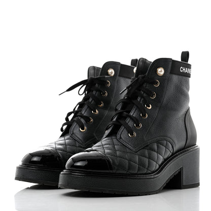 Chanel Pearly Calfskin Patent Calfskin Lace Up Combat Boots 38 Black 3 of 9