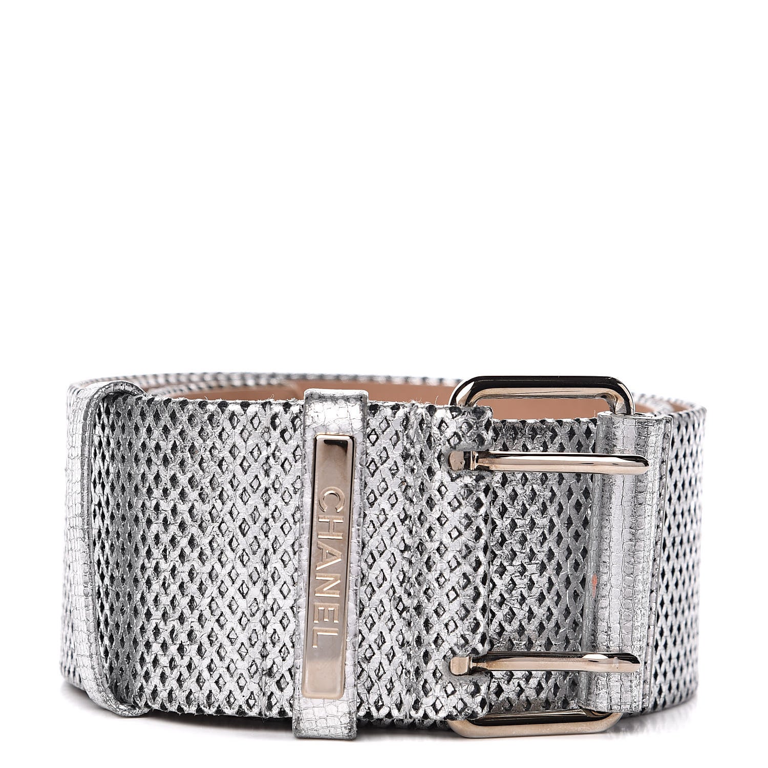 Chanel Metallic Calfskin Logo Wide Belt 85 34 Silver 1 of 5