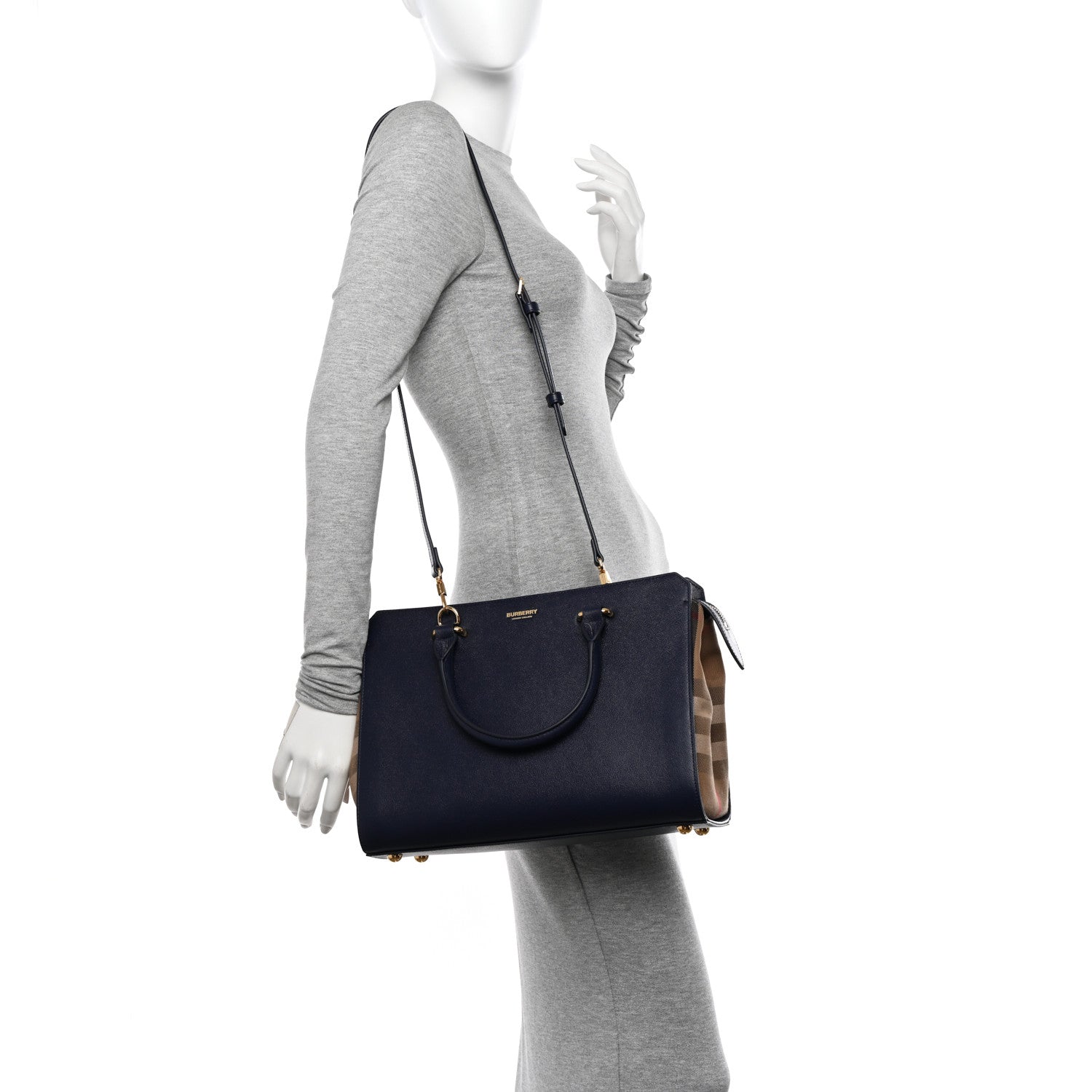 Burberry Calfskin Mega Check Small Banwell Tote Dark Canvas Blue 2 of 9