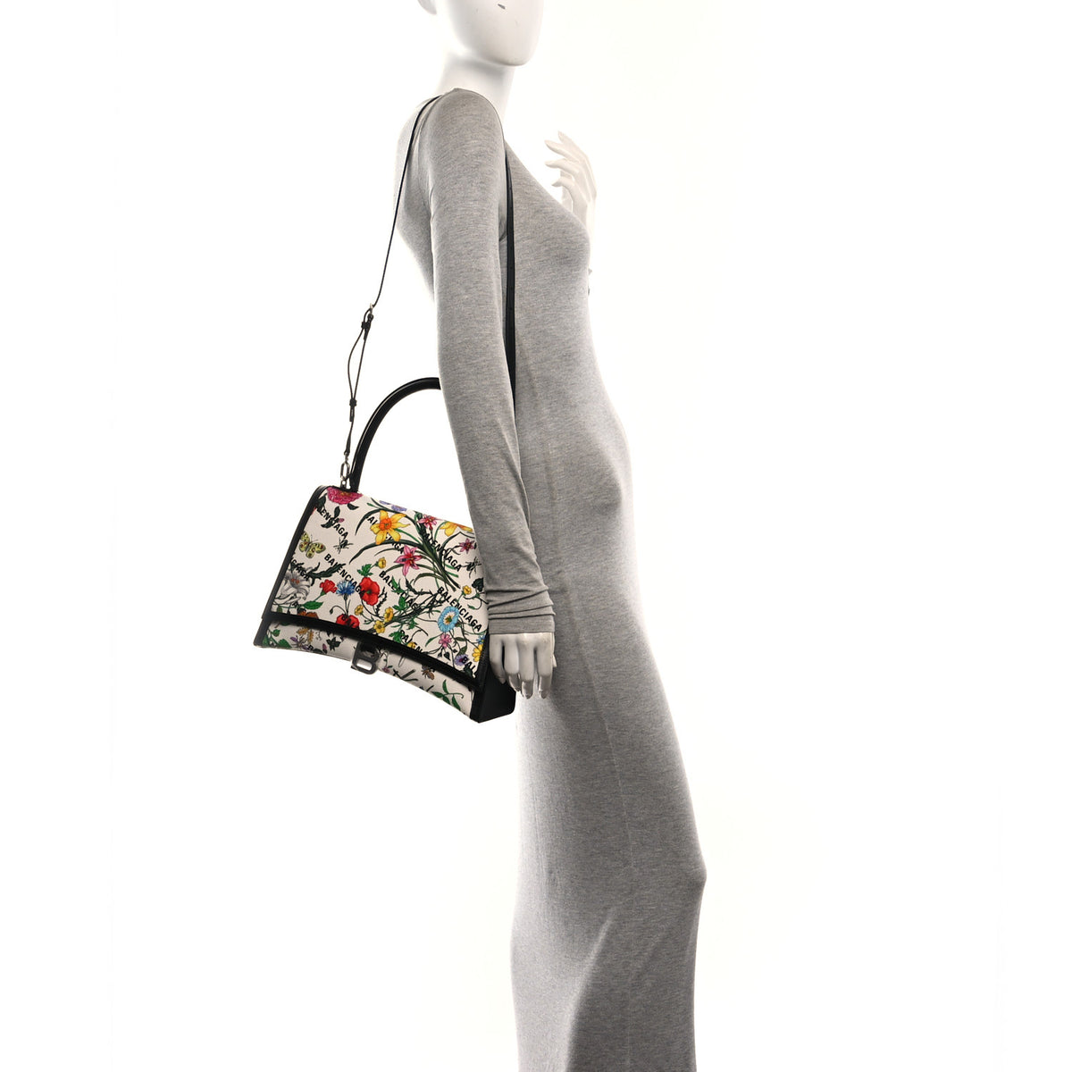 Balenciaga X GUCCI Canvas Boarded Plutone Calfskin Flora Logo Print Medium Hourglass Top Handle Bag White Multicolor Black 2 of 10