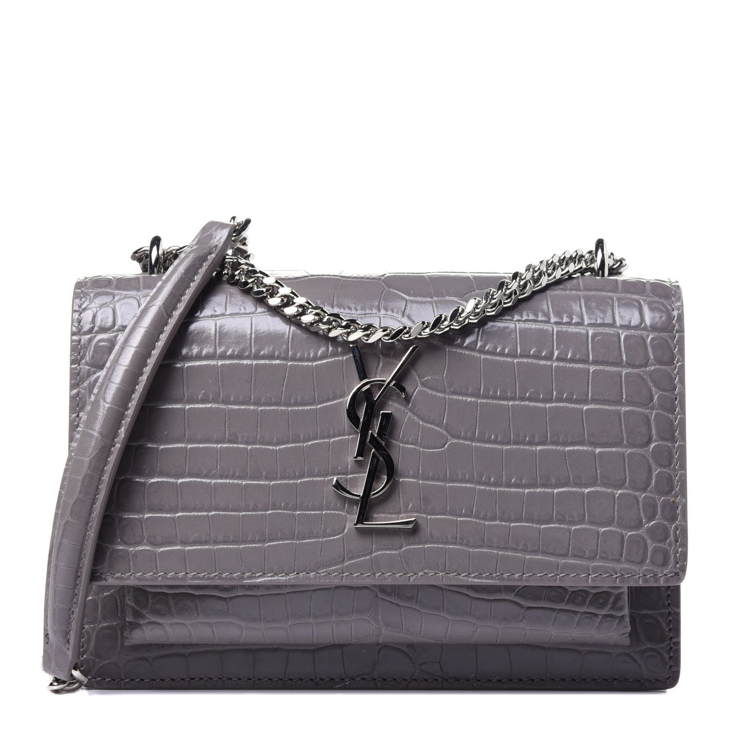 Saint Laurent Calfskin Crocodile Embossed Monogram Sunset Chain Wallet Fog 1 of 11