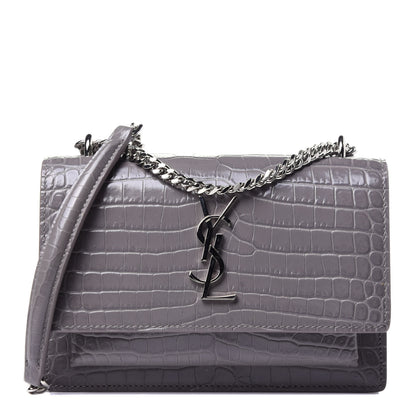 Saint Laurent Calfskin Crocodile Embossed Monogram Sunset Chain Wallet Fog 1 of 11