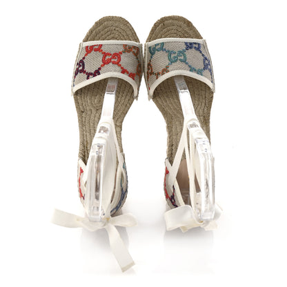 Gucci Linen Psychedelic Mini GG Monogram Ankle Wrap Platform Espadrille Wedge Sandals 41 Multicolor Mystic White 2 of 11