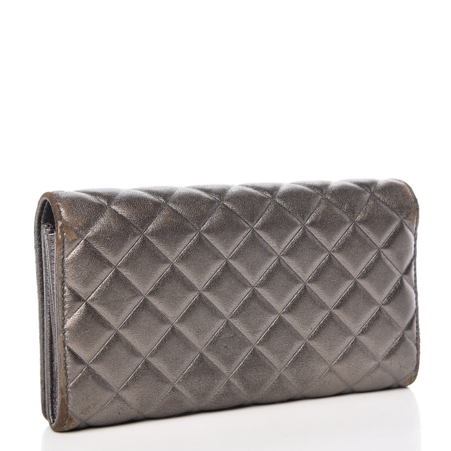 Calfskin Quilted Large Diamond CC Flap Wallet Dark Silver