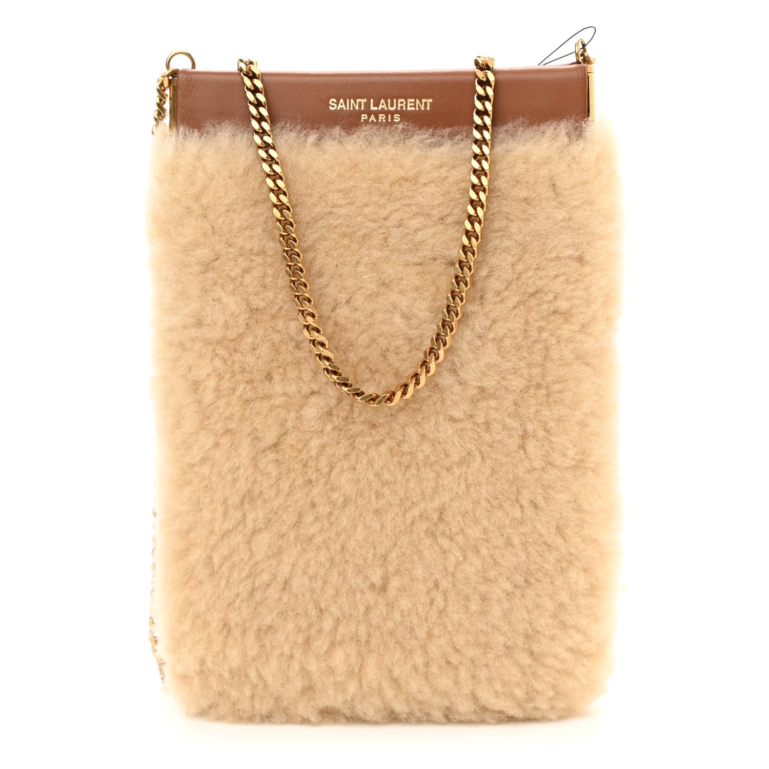 Saint Laurent Shearling Mini Pac Pac Pouch On Chain Natural 1 of 9