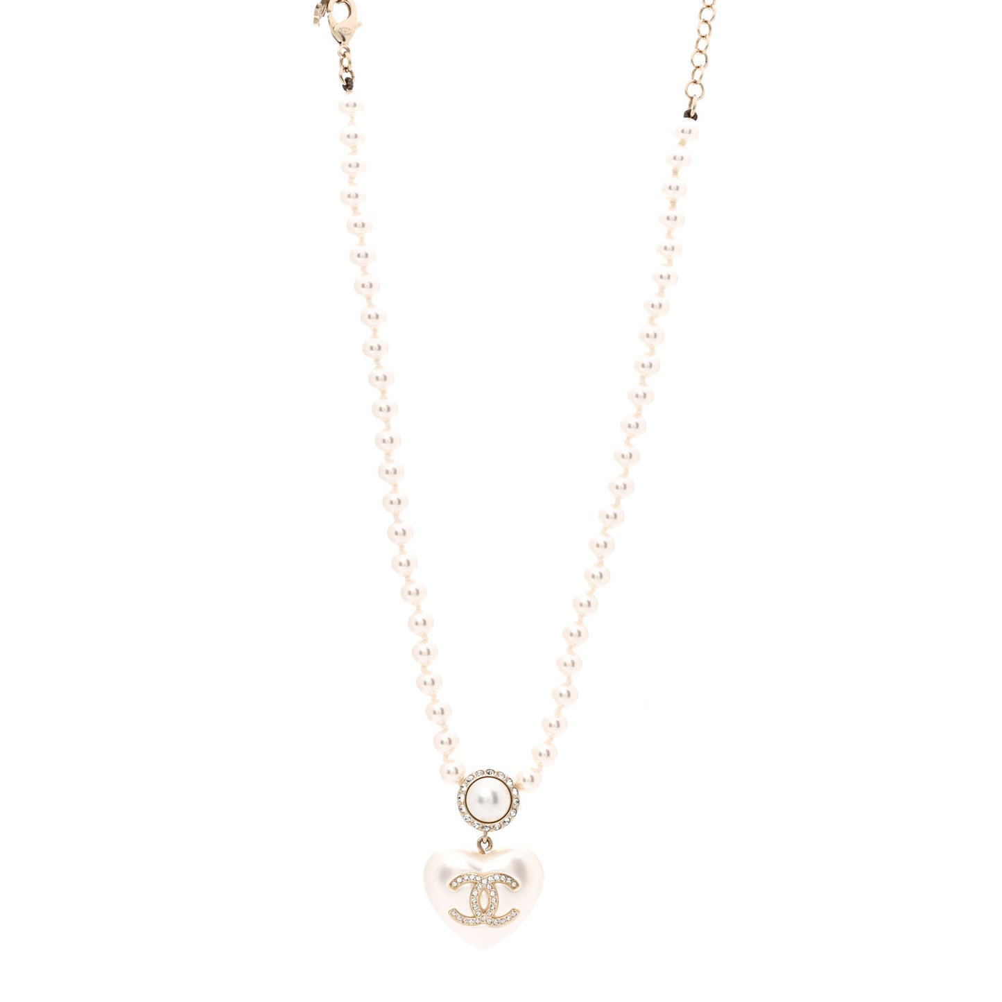 Pearl Crystal CC Heart Short Necklace Pearly White Gold