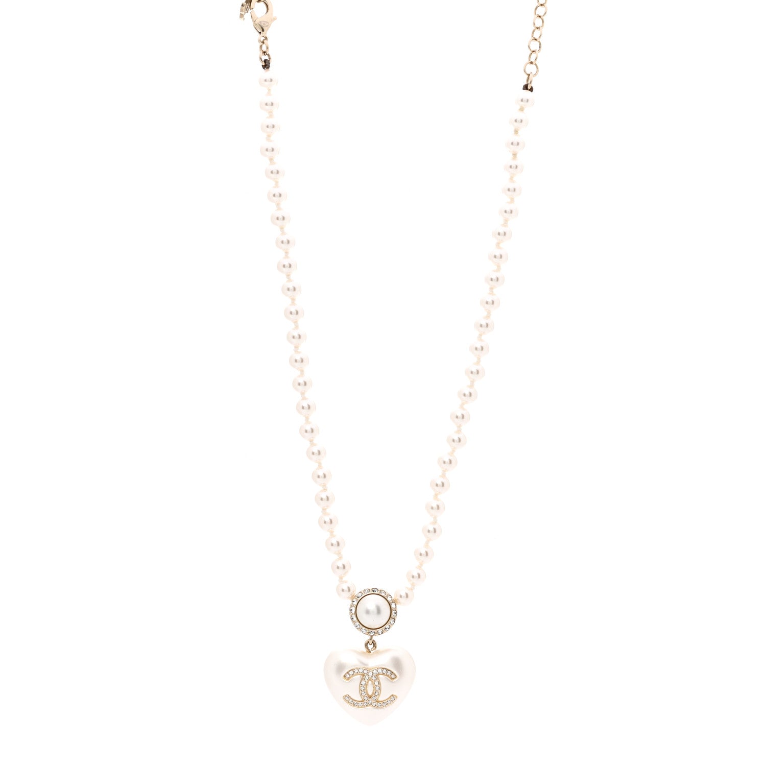 Chanel Pearl Crystal CC Heart Short Necklace Pearly White Gold 1 of 7