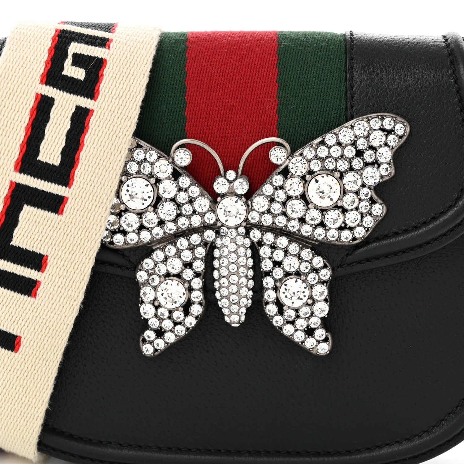 Gucci Calfskin Web Crystal Butterfly Stripe Small Totem Shoulder Bag Black 8 of 10