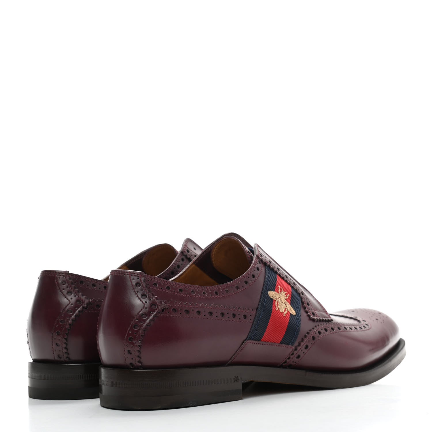 Gucci Calfskin Web Bee Embroidered Mens Slip-On Brogue Wingtip Derby Shoes 10 Bordeaux 4 of 8