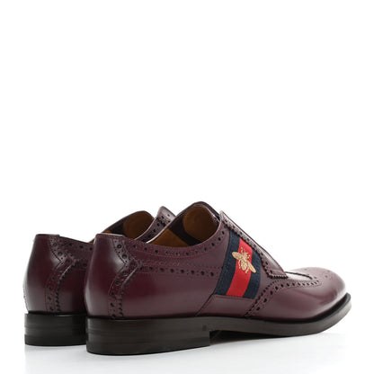 Gucci Calfskin Web Bee Embroidered Mens Slip-On Brogue Wingtip Derby Shoes 10 Bordeaux 4 of 8