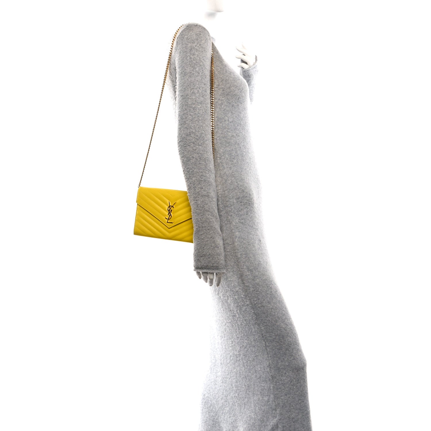 Saint Laurent Grain De Poudre Matelasse Chevron Monogram Chain Wallet Yellow 2 of 11