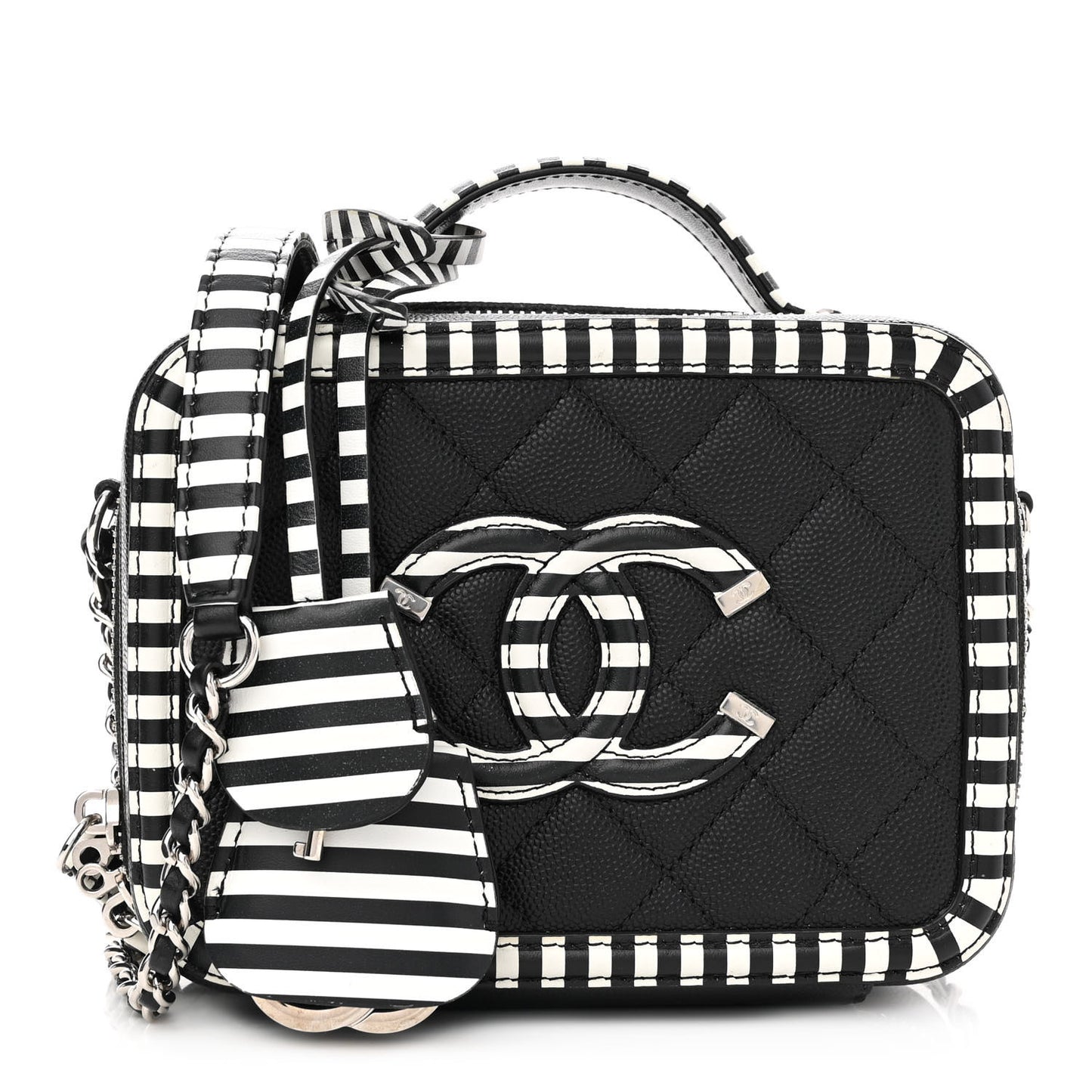 Caviar Quilted Striped Small CC Filigree Vanity Case Black White